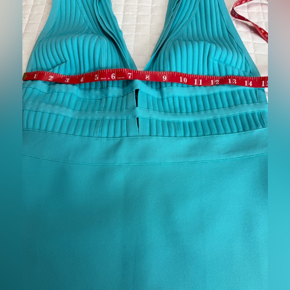 VENUS Turquoise Deep-V Backless Ribbed Sheath Dress - Picture 9 of 13